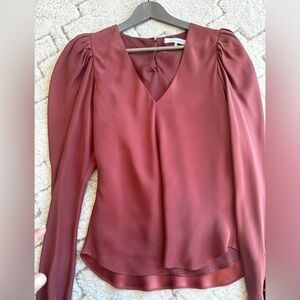 Frame Denim Burgundy Satin V-Neck Puff Sleeve Blouse